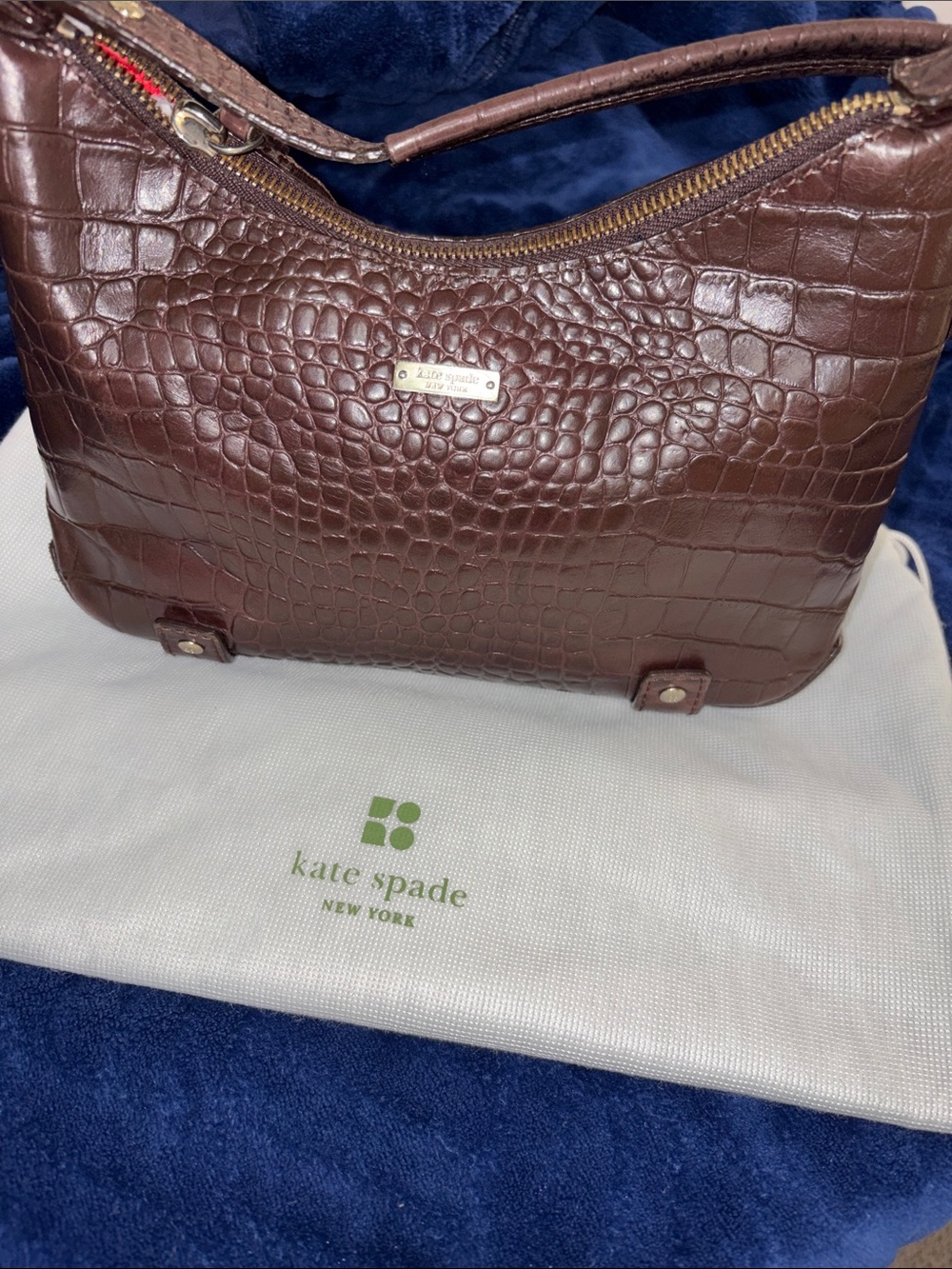 VINTAGE KATE SPADE RARE DOT NOEL CROC EMBOSSED LEATHER 1991 RED LINING W/DUSTER